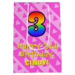[ Thumbnail: 3rd Birthday: Fun Pink Hearts Stripes & Rainbow 3 Gift Bag ]