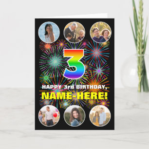 3rd Birthday: Fun Rainbow #, Custom Name & Photos Card