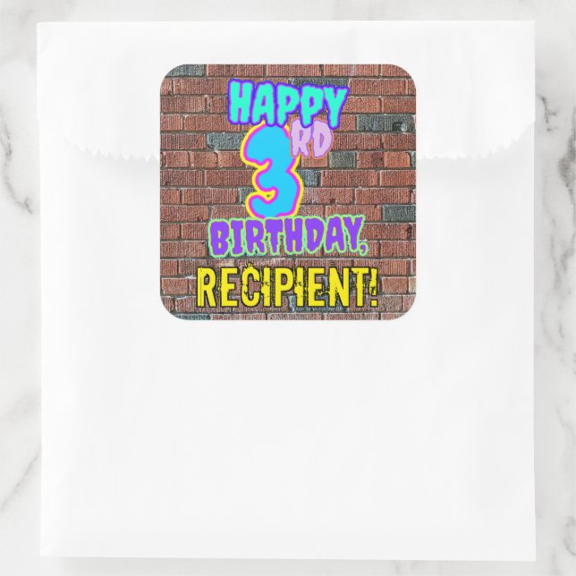 3rd Birthday – Fun, Urban Graffiti Inspired Look Square Sticker (Bag)