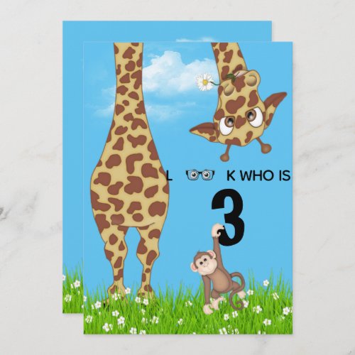 3rd Birthday Giraffe and Monkey in Grass   Invitation