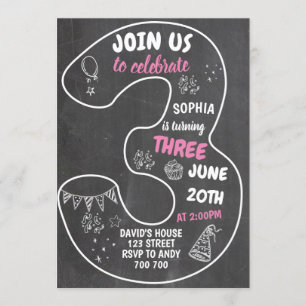 3rd Birthday Girl Chalkboard Number Pink Invitation