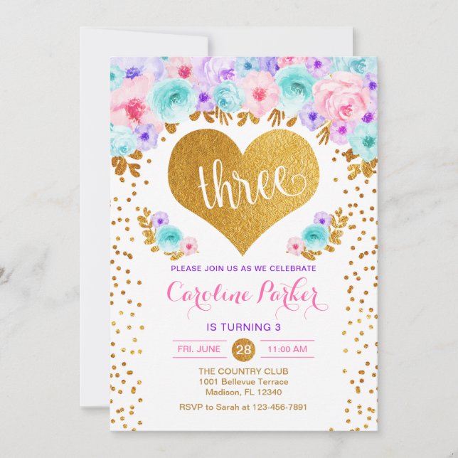 3rd Birthday - Gold Heart Teal Purple Pink Invitation (Front)