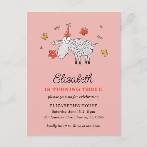 3rd Birthday Hat Cartoon Cute Sheep Flower Lamb Invitation Postcard