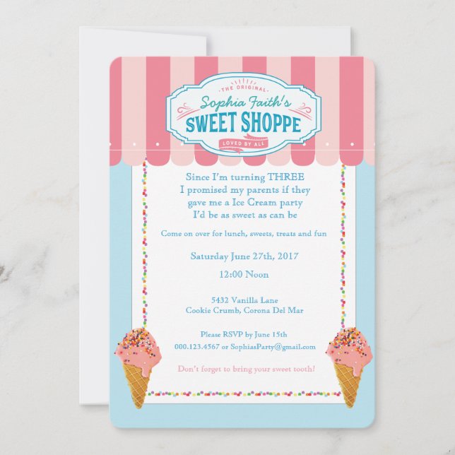3rd Birthday Ice Cream Party Invitations Sweet (Front)