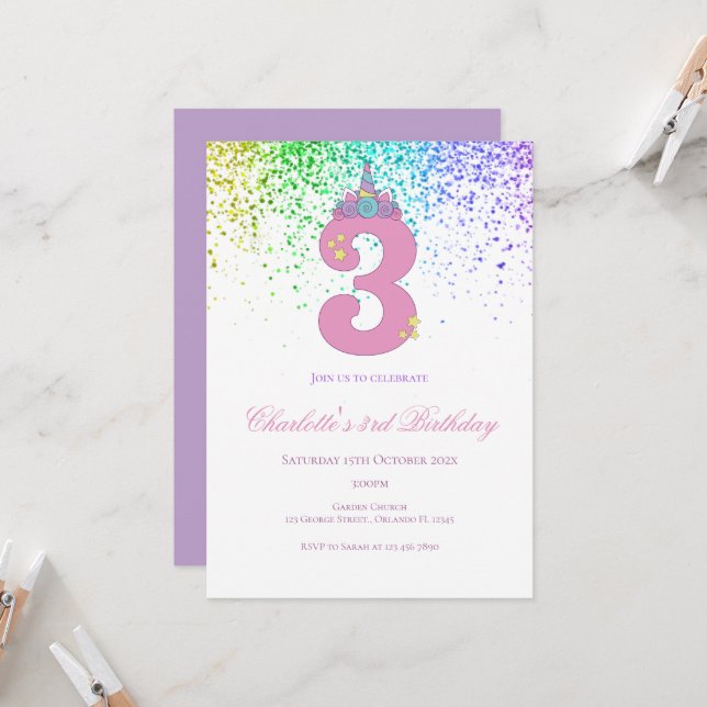 3rd birthday in pink and lilac birthday party invitation (Front/Back In Situ)