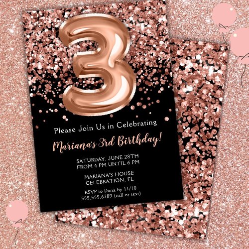 3rd Birthday Invitation Black Rose Gold Glitter