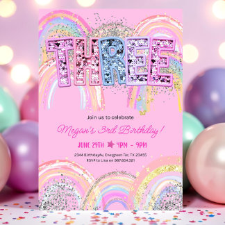 3rd Birthday Invitation Girl Editable Rainbow Sequ