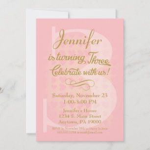 3rd Birthday Invitation Girls Pink Gold Hearts