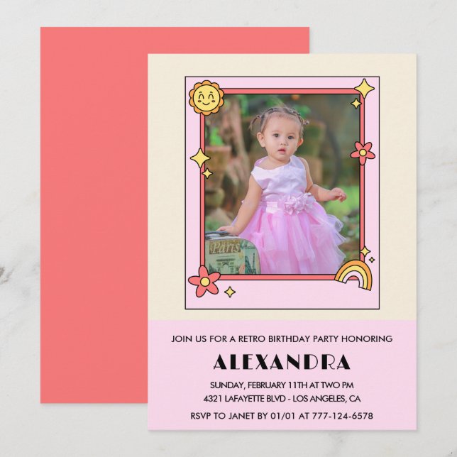 3rd birthday invitation Retro Groovy Pink Floral (Front/Back)