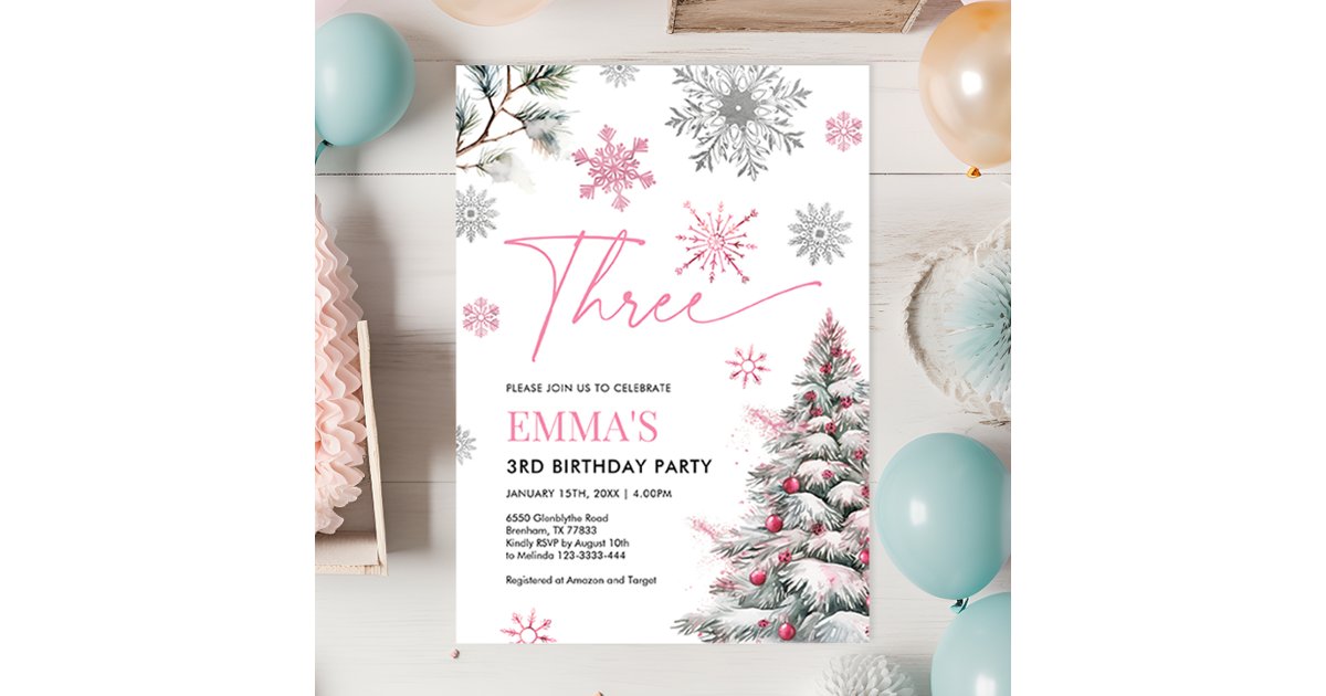3rd Birthday Invitation, Winter Pink 3rd Birthday Invitation | Zazzle
