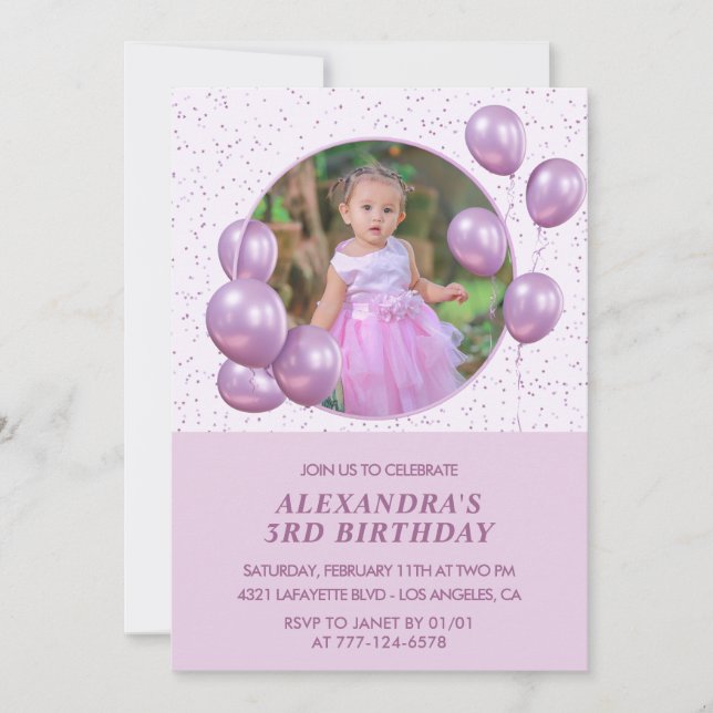3rd birthday invitations Balloons Photo Purple (Front)