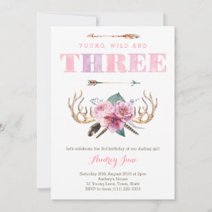 3rd birthday invitations, bohemian birthday party invitation