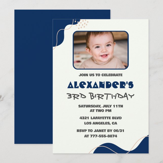 3rd birthday invitations Boy Navy Simple Photo (Front/Back)