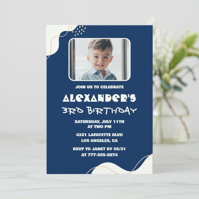 3rd birthday invitations Boy Photo Simple Navy  (Standing Front)