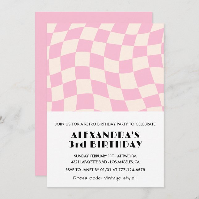 3rd birthday invitations Checkered Retro Pink  (Front/Back)
