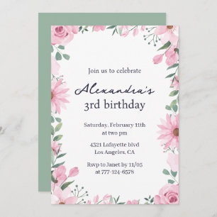 3rd birthday invitations Floral Frame Pink Green