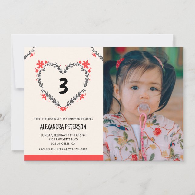3rd birthday invitations for her Floral Heart (Front)