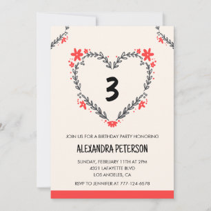 3rd birthday invitations for her floral heart