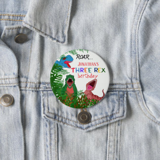 3rd Birthday Kid Three Rex Dinosaur Button
