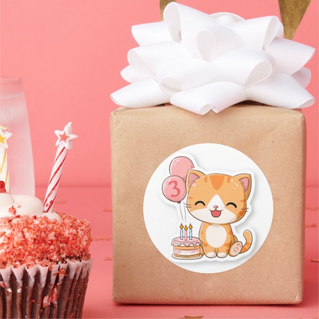 3rd Birthday, Kitten w Balloons & Cake,   Classic Round Sticker (Party)