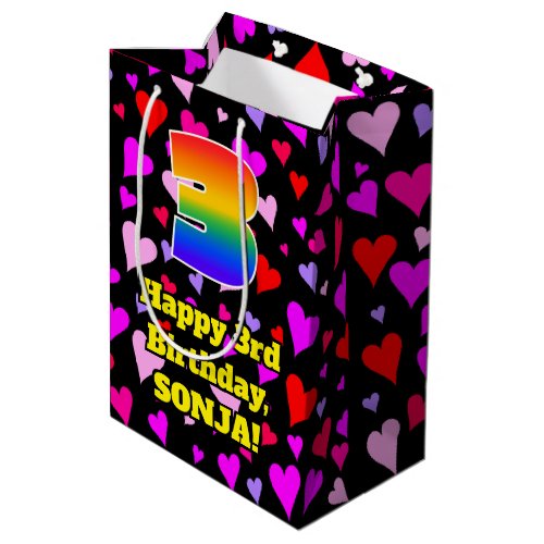 3rd Birthday Loving Hearts Pattern Rainbow  3 Medium Gift Bag