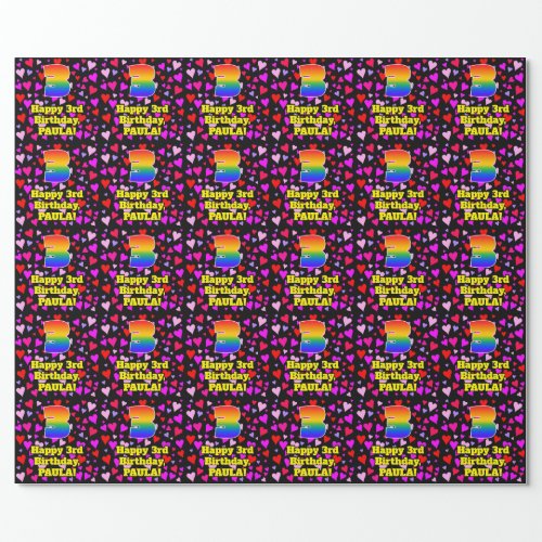 3rd Birthday Loving Hearts Pattern Rainbow  3 Wrapping Paper