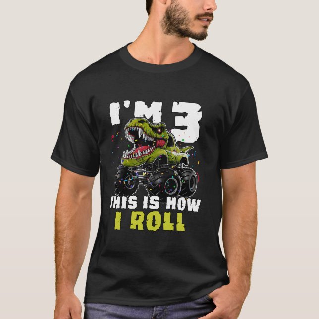 3rd Birthday Monster Truck Dinosaur Boy Kids T-Shirt (Front)