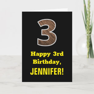 3rd Birthday: Name, Faux Wood Grain Pattern "3" Card