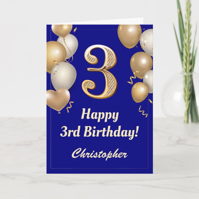 3rd Birthday Navy Blue and Gold Balloons Confetti Card (Front)