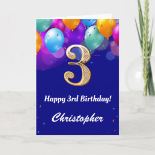 3rd Birthday Navy Blue and Gold Colorful Balloons Card