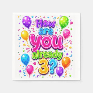 3rd Birthday Neon Balloons and Confetti Napkins