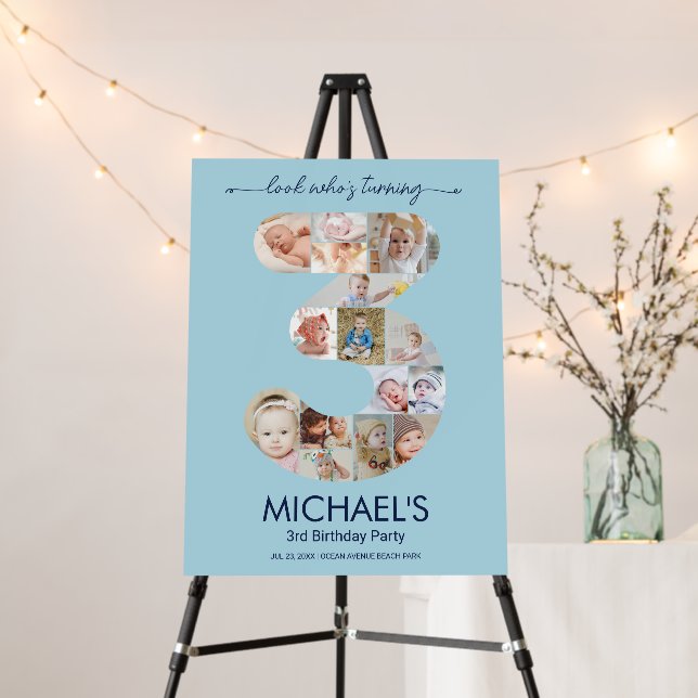 3rd Birthday Number 3 Photo Collage Blue Party Foam Board (In Situ (Stand))