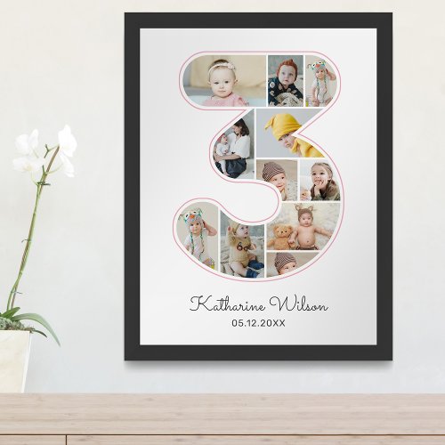 3rd Birthday Number 3 Photo Collage Kids Nursery Poster