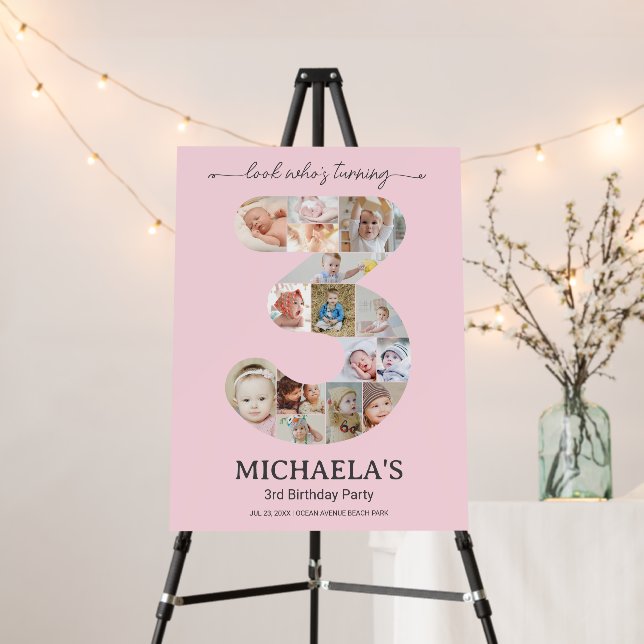 3rd Birthday Number 3 Photo Collage Pink Party Foam Board (In Situ (Stand))