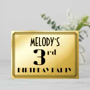 3rd Birthday Party: Art Deco Look “3” and Name Foil Invitation