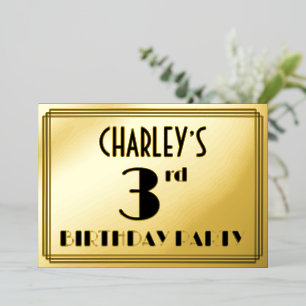 3rd Birthday Party — Art Deco Look “3” + Name Foil Invitation