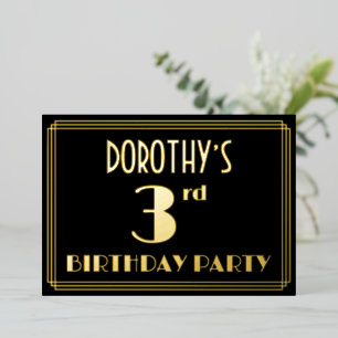 3rd Birthday Party: Art Deco Look “3”, w/ Name Foil Invitation