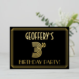 3rd Birthday Party — Art Deco Style “3” + Name Foil Invitation