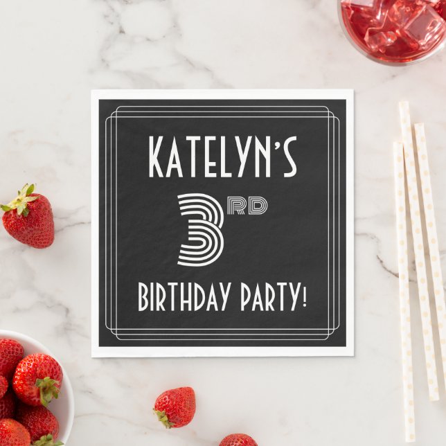 3rd Birthday Party: Art Deco Style + Custom Name Napkins (Insitu)