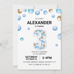 3rd Birthday Party, Blue and Gold Balloon Boy Invitation