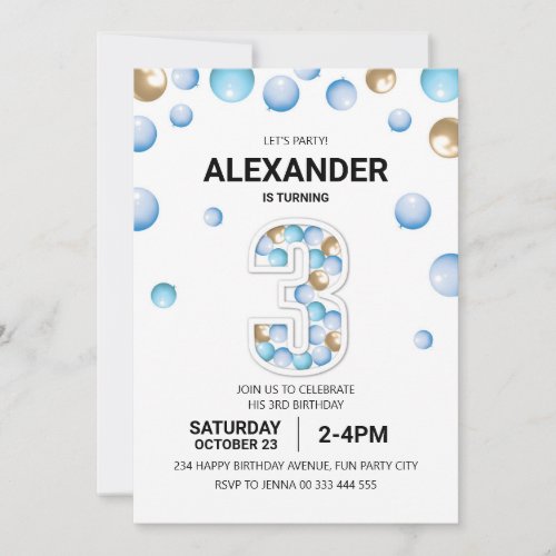 3rd Birthday Party Blue and Gold Balloon Boy Invitation