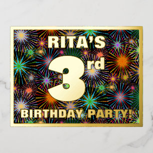 3rd Birthday Party: Bold, Colorful Fireworks Look Foil Invitation Postcard