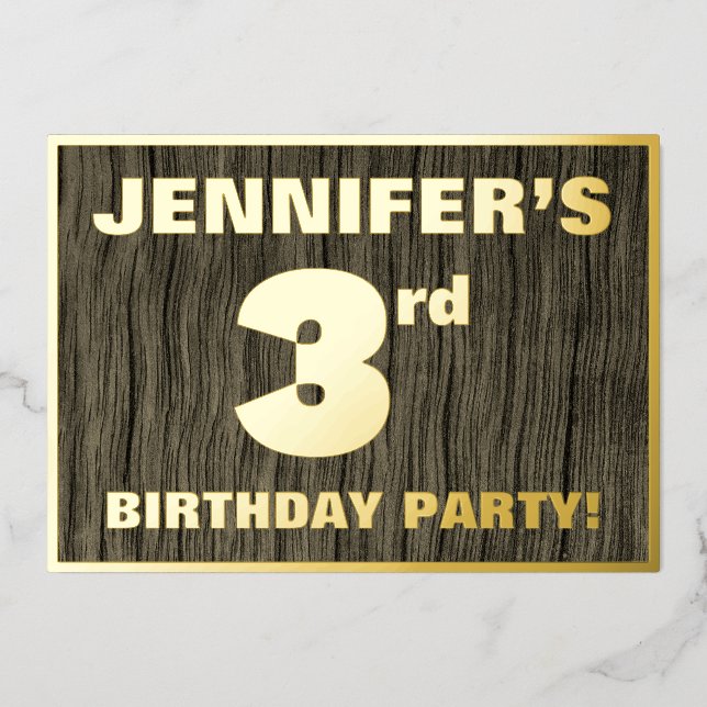 3rd Birthday Party: Bold, Faux Wood Grain Pattern Foil Invitation (Front)