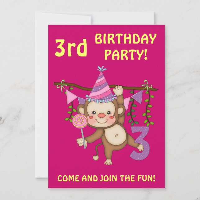 3rd Birthday Party-Cute Monkey+Colorful Balloons Invitation (Front)