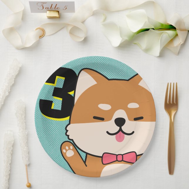 3rd Birthday Party Cute Shiba Inu Puppy Aiko Paper Plates (Wedding)