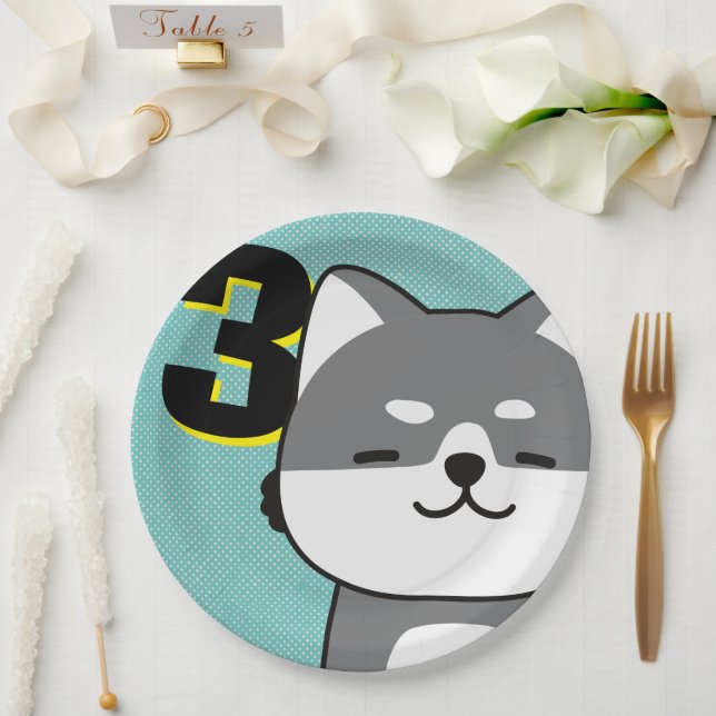 3rd Birthday Party Cute Shiba Inu Puppy Chippy Paper Plates (Wedding)
