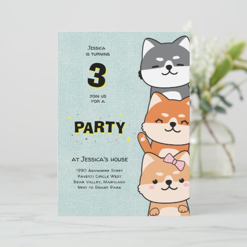 3rd Birthday Party Cute Shiba Inu Three Years Old Invitation