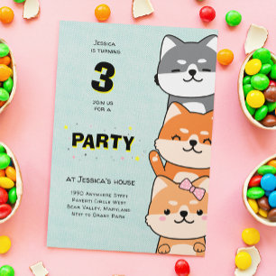 3rd Birthday Party Cute Shiba Inu Three Years Old Invitation