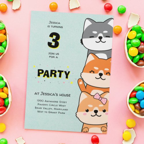 3rd Birthday Party Cute Shiba Inu Three Years Old Invitation