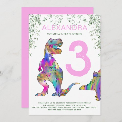 3rd Birthday Party dinosaur pink  Invitation